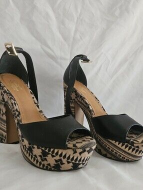 Black Platform Ankle-Strap Sandals with Tribal Pattern